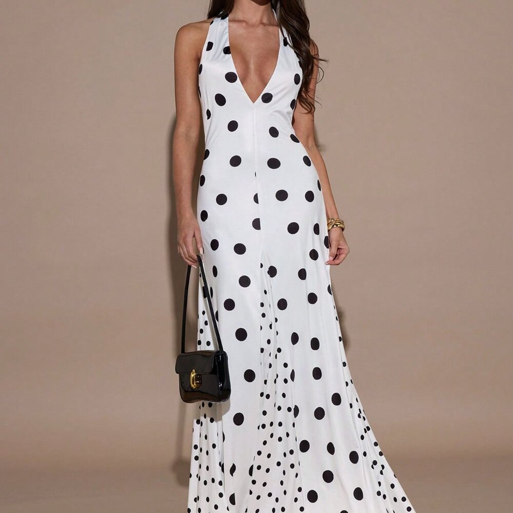 Black And White Polka Dot Elegant Women's Deep V-Neck Dress
